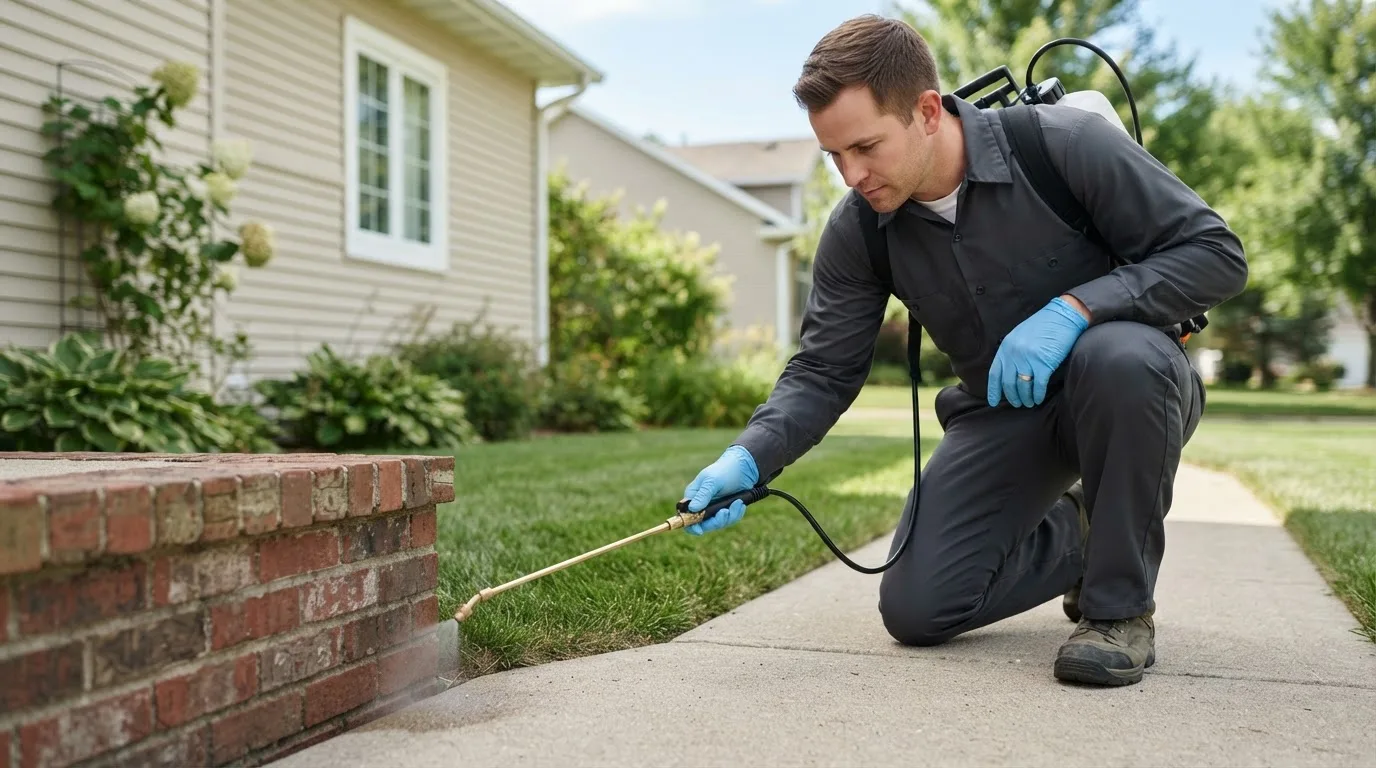 Pest control technician treating a home near Marshfield, MA
